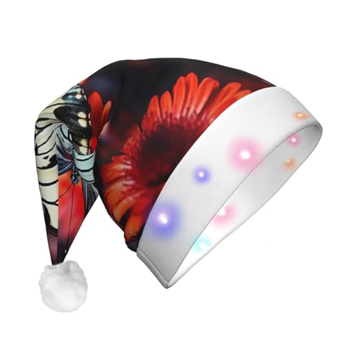 Xzeit LED-Weihnachtsmütze für Erwachsene, Weihnachtsmannmütze, bunte Blumen, Schmetterlinge, beleuchtet, Weihnachtsmütze, Urlaub, Partyzubehör von Xzeit