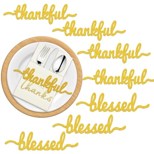 Thanksgiving-Tischdekorationen – 36 Stück Thanksgiving-Besteckhalter mit Aufschrift "Thankful Blessed Words Cutout Glitter Card Set – Give Thanks Centerpieces for Fall Harvest Wedding Table Decor von Y_Bong