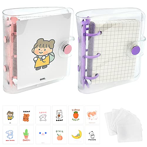 YAANBUNB 2 Stk Ringbuch Mini 3 Ringe Mini Journal Ringbuch 3 Loch Transparent Notizbuch Tagebuch Rosa Lila Ring Buch Durchsichtig Notizringbuch mit PVC Hüllen und 12 Stück Titelblatt für Büro Schule von YAANBUNB