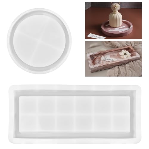 YAANBUNB 2 Stück Silikonformen Tablett Rechteckig/Rund Gießformen Silikon Tablett Silikonform Tray Groß Epoxidharz Formen Tablett Silikonform Runder Teller Silicone Molds Tray für Kunsthandwerk DIY von YAANBUNB