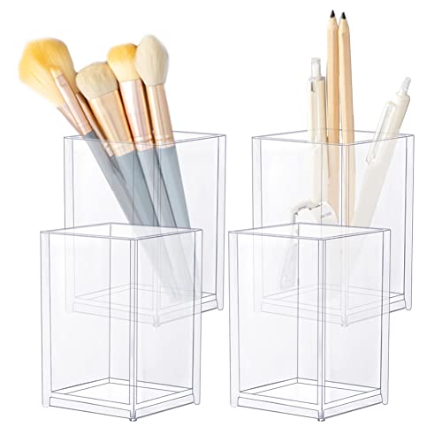 YAANBUNB 4 Stück Stiftehalter Schreibtisch Transparent Stifteköcher Stifte Organizer Plastik Pinselhalter Durchsichtig Stifteköcher Klar Quadratischer Stiftehalter für Eyeliner Büro (10x6.5x6.5cm) von YAANBUNB