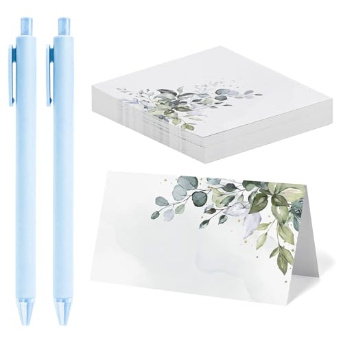 YAANBUNB 50 Stk Tischkarten Sitzplatzkarten Hochzeit Platzkarten Geburtstag Namenskarten Tisch Tischkarten Taufe Eukalyptus Blanko Sitzkärtchen mit Stift für Feier Konfirmation Kommunion (100 x 90mm) von YAANBUNB