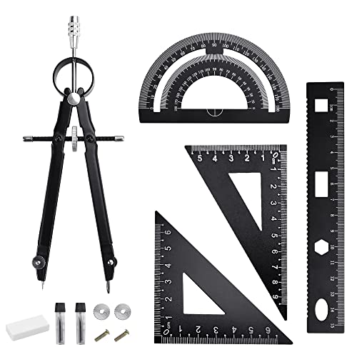 YAANBUNB 6 Stück Geometrie Set aus Aluminiumlegierung Lineale Winkelmesser Kompass Mathematisches Werkzeug Winkelmesser Zeichnen Einschließlich Radiergummi für Schüler Lehrer Architekten Ingenieure von YAANBUNB