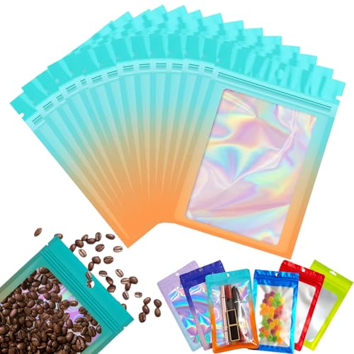 100 Stück Zip-Beutel Klein Mylar Bags Blau Orange Holografische Beutel 9x12cm,Wiederverschließbare Mylar Beutel,Geruchsdichte Baggys Ziplock-Beutel Polybeutel für Keksen,Schmuck,Lebensmittel von YAAVAAW