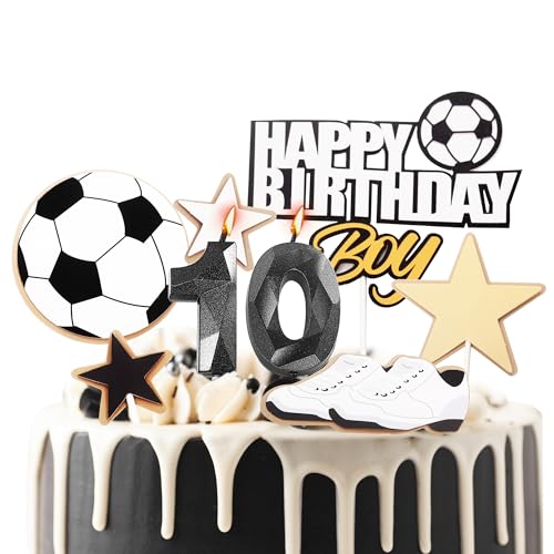 Fußball-Kuchenaufsätze zum 10. Geburtstag, Kerzen für Jungen, 10. Geburtstag, Zahl 10, Kerzen für Geburtstagskuchen und Fußball-Themen, Geburtstagsparty, Kuchendekoration, Dekoration für Jungen ab 10 von YAAVAAW