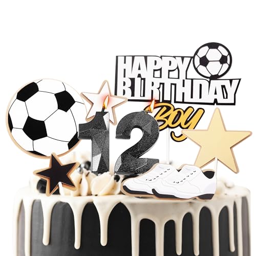 Fußball-Kuchenaufsätze zum 12. Geburtstag, Kerzen für Jungen, 12. Geburtstag, Zahl 12, Kerzen für Geburtstagskuchen und Fußball-Themen, Geburtstagsparty, Kuchendekoration, Dekoration für Jungen ab 12 von YAAVAAW