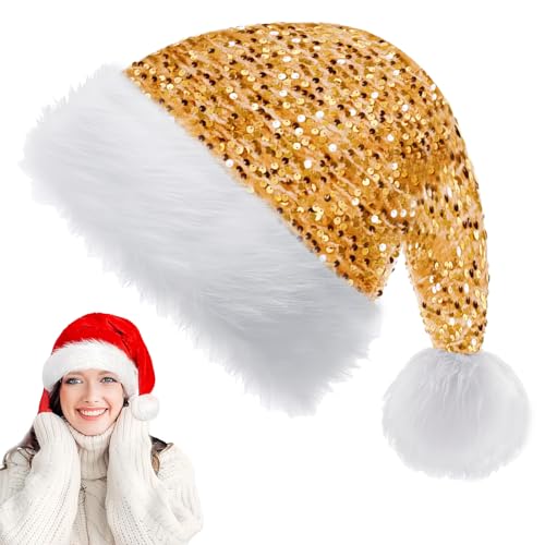 Golden Pailletten Weihnachtsmütze für Erwachsene Kinder,35*45cm Nikolausmütze Plüsche Weihnachtsmann Mütze,Warm Dicker Nikolaus Mütze Santa Clause Mütze für Männer Frauen Familie Weihnachtsfeier von YAAVAAW