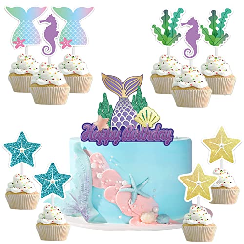 Meerjungfrau Happy Birthday Kuchendekoration Cupcake Topper für Mädchen Geburtstag Party Kuchen Dekorationen Zubehör, personalisierte Meerjungfrau Kuchendekoration für Kinder Mädchen Baby 1. 2. 3. 6. 10. Geburtstag Party Dekor von YAAVAAW