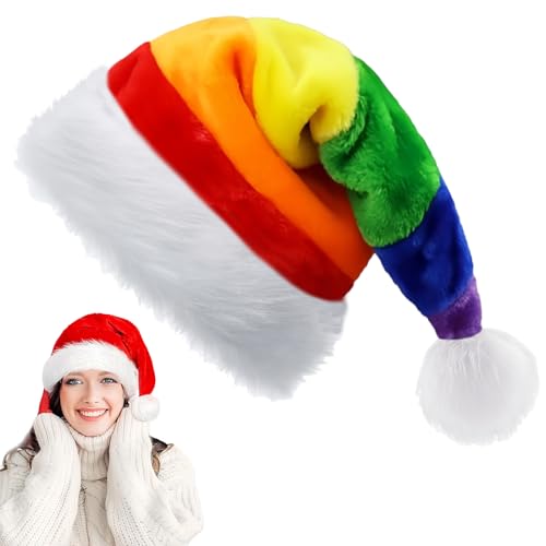 Rainbow Weihnachtsmütze für Erwachsene Kinder,32*54cm Deluxe Nikolausmütze Plüsche Weihnachtsmann Mütze,Warm Dicker Nikolaus Mütze Santa Clause Mütze für Männer Frauen Familie Weihnachtsfeier von YAAVAAW