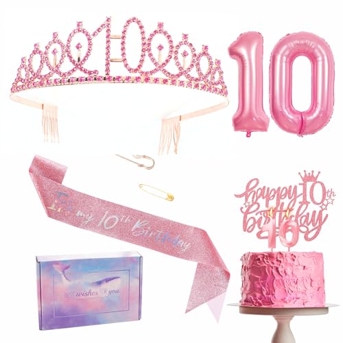 Rosa 10. Geburtstag Dekorationen für Mädchen 10. Geburtstag Schärpe und Tiara Set, 10. Geburtstag Party Schärpe Krone Geburtstag Kuchen Topper Nummer 10 Folienballons Kerzen, 10. Geburtstag Geschenke von YAAVAAW