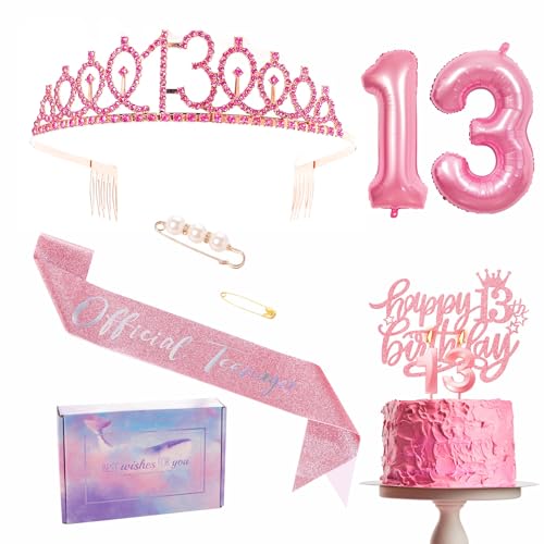 Rosa 13. Geburtstag Dekorationen für Mädchen 13. Geburtstag Schärpe und Tiara Set, 13. Geburtstag Party Schärpe Krone Geburtstag Kuchen Topper Nummer 13 Folienballons Kerzen, 13. Geburtstag Geschenke von YAAVAAW