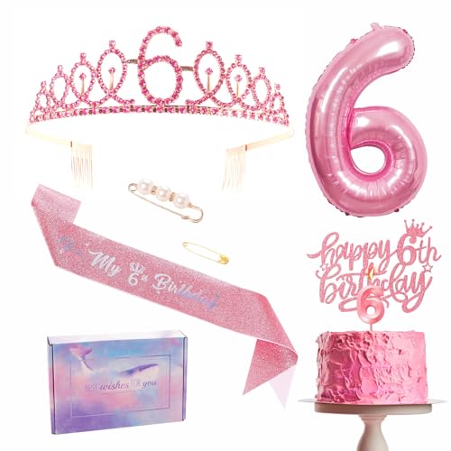 Rosa Dekoration zum 6. Geburtstag für Mädchen, Schärpe und Diadem zum 6. Geburtstag, Partyschärpe, Krone, Tortenaufsatz, Zahl 6, Folienballonkerze, 6. Geburtstag, Geschenke für Mädchen von YAAVAAW