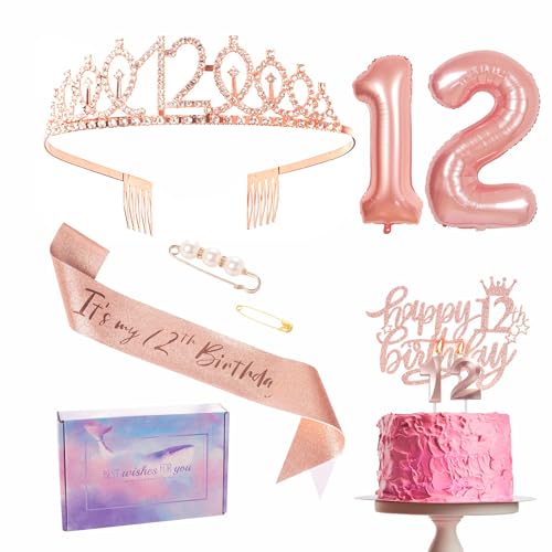Roségoldene Dekoration zum 12. Geburtstag für Mädchen. Geburtstagsparty-Band. Krone. Dekorationen für Geburtstagskuchen. Nr. 12. Folienballons. Kerze. Ein Geschenk zu ihrem 12. Geburtstag. Roségoldene Dekoration zum 12. Geburtstag für Mädchen. Geburtstagsparty-Band. Krone. Dekorationen für Geburtstagskuchen. Nr. 12. Folienballons. Kerze. Ein Geschenk zu ihrem 12. Geburtstag. von YAAVAAW