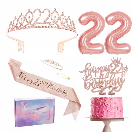 Roségoldene Dekoration zum 22. Geburtstag, Geburtstagspartyband, Krone, Geburtstagstorte, Zahl 22, Folienballons, Kerzen, Geschenk zum 22. Geburtstag für die Tochter Roségoldene Dekoration zum 22. Geburtstag, Geburtstagspartyband, Krone, Geburtstagstorte, Zahl 22, Folienballons, Kerzen, Geschenk zum 22. Geburtstag für die Tochter von YAAVAAW