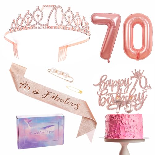 Roségoldene Dekorationen zum 70. Geburtstag für Frauen, Tiara-Set, Partyband, Krone, Geburtstagstortendekorationen, Zahl 70, Folienballons, Kerzen, Geschenke zum 70. Geburtstag für Frauen und Damen Roségoldene Dekorationen zum 70. Geburtstag für Frauen, Tiara-Set, Partyband, Krone, Geburtstagstortendekorationen, Zahl 70, Folienballons, Kerzen, Geschenke zum 70. Geburtstag für Frauen und Damen von YAAVAAW