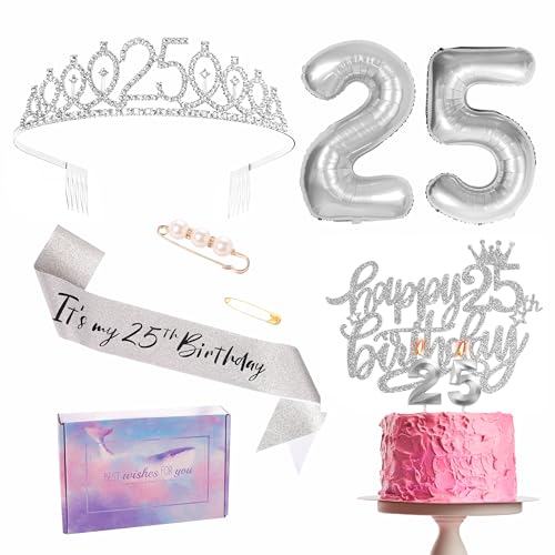 Silberne Dekorationen zum 25. Geburtstag für sie, Band- und Tiara-Set, Partyband, Krone, Geburtstagstorte, Zahl 25, Folienballons, Kerzen, Geschenke zum 25. Geburtstag für sie und Frauen Silberne Dekorationen zum 25. Geburtstag für sie, Band- und Tiara-Set, Partyband, Krone, Geburtstagstorte, Zahl 25, Folienballons, Kerzen, Geschenke zum 25. Geburtstag für sie und Frauen von YAAVAAW