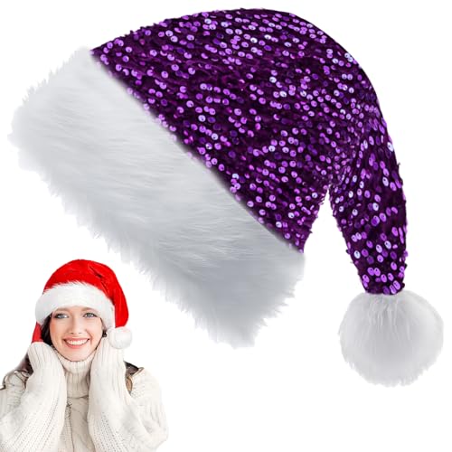 Violett Pailletten Weihnachtsmütze für Erwachsene Kinder,35*45cm Nikolausmütze Plüsche Weihnachtsmann Mütze,Warm Dicker Nikolaus Mütze Santa Clause Mütze für Männer Frauen Familie Weihnachtsfeier von YAAVAAW