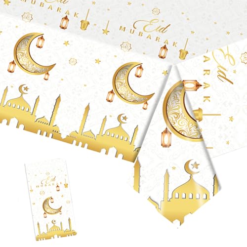 YAAVAAW 137 x 274 cm, Weißgold, Eid-Ramadan-Tischdecke, große Ramadan-Mubarak-Dekorationen, Tischdecke, Mond- und Stern-Tischdecke, Kunststoff-Tischdecke für Eid Umrah, Mubarak, Dekorationen, Islam, von YAAVAAW