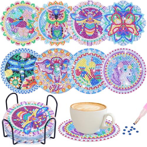 Diamond Painting Untersetzer mit Halter, 8 Stück Tierthema Diamond Painting Basteln für Tassen, 5D DIY Diamant-Painting Untersetzer Set für Anfänger Erwachsene Kinder von YACA