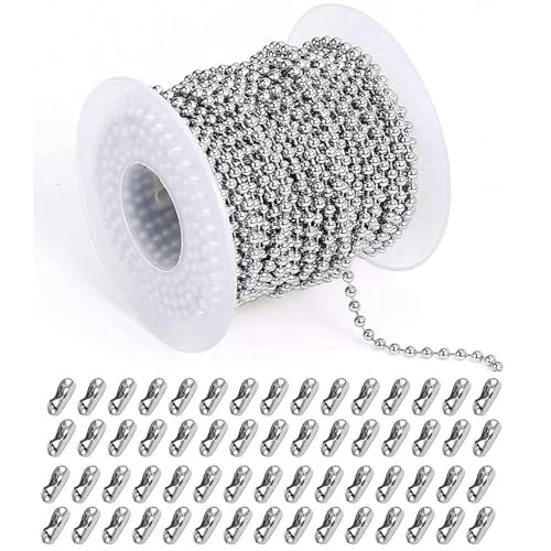 5 m lange Edelstahl-Perlenkette, 1,5/2/2,5/3 mm, Kugelkette mit 50 passenden verstellbaren Zugverbindern für die Herstellung von Schlüsselanhängern und Schmuck – weiß – 2 mm Kugelkette von YAGNYUOG