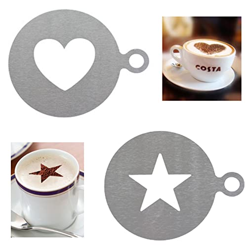 2 Stück Edelstahl-Schablonen für Cappuccino, Kaffee, Herzform, Sternform, Strew Pad, Staubwedel, Spray für Latte, Cappuccino, Cupcake, Kekse, heiße Schokolade von YAIYEFU