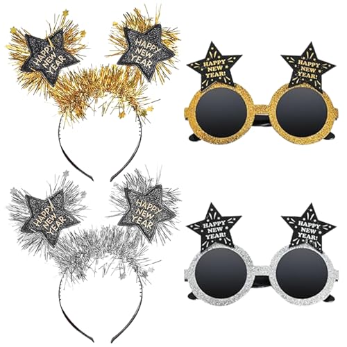 YAJIMAOY 4 Stück Silvester Deko 2025, mit Silvester Haarreif 2025, Silvester Brille, Happy New Year Brille, Silvester Haarschmuck, Neujahr Accessoires Haarreifen, für Partys, Silvester, Weihnachten von YAJIMAOY