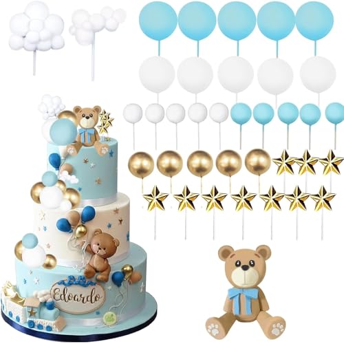 Tortendeko Bär Blau, 38 Stück Teddybär Kuchen Dekoration Bär Kuchen Deko Torten Deko Bär Cake Topper Babyparty Tortendeko Kugeln Bär Geburtstagstorte Deko für Baby Dusche Hochzeit Geburtstag Babyparty von YAJIMAOY