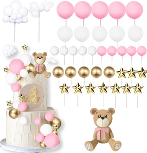 Tortendeko Bär Rosa, 38 Stück Teddybär Kuchen Dekoration Bär Kuchen Deko Torten Deko Bär Cake Topper Babyparty Tortendeko Kugeln Bär Geburtstagstorte Deko für Baby Dusche Hochzeit Geburtstag Babyparty von YAJIMAOY