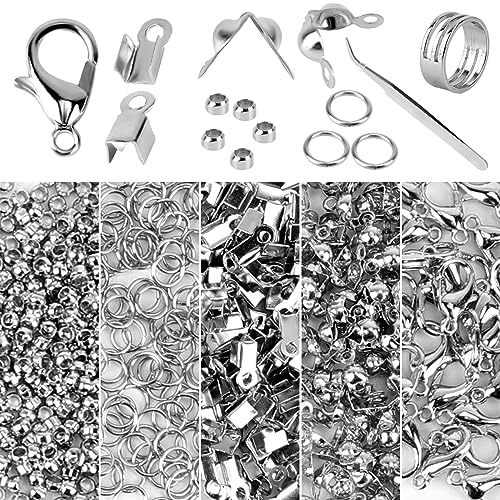 1150 Stück Schmuckherstellung Zubehör Set, Silber Kettenverschluss 5mm Biegeringe Quetsch-Crimp-Enden Perlenspitzen Quetschperlen, Schmuck Basteln Zubehör für DIY Halskette Armband Ohrringe von Lulizzie