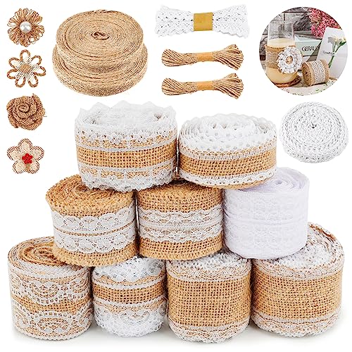 13 Rollen Juteband Spitzenband, 8M Juteband mit Spitze + 15M Weiß Spitzenband +10M Natur Juteband, Vintage Jute Dekoband mit Spitze 20M JuteSchnur für Geschenkverpackung Handwerk Hochzeit DIY Basteln von YAKLEE