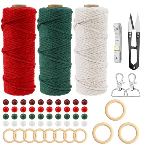 YAKLEE Weihnachten DIY Makramee Garn Set, 3 Rollen Natur Makramee Baumwollgarn 3mm x 50m mit Holzringe Holzperlen, Bunt Makramee Bastelset für Weihnachten Anhänger Wandbehang Deko(Weiß + Rot + Grün) von YAKLEE