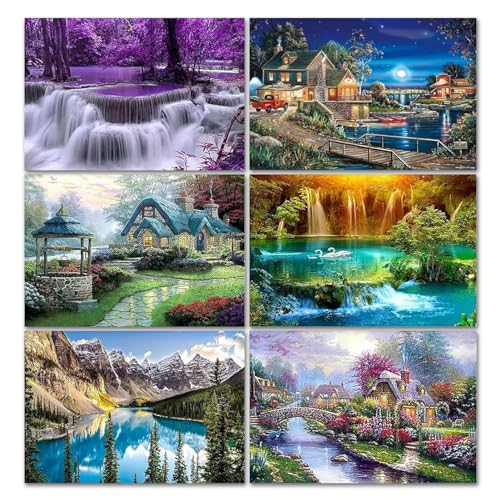 YALKIN 6 Packungen Malen nach Zahlen für Erwachsene, DIY-Landschaft mit Pinseln und Acrylfarben, 30 x 40 cm, flammenloses Ölgemälde-Set als Geschenk für Freunde, Weihnachten von YALKIN