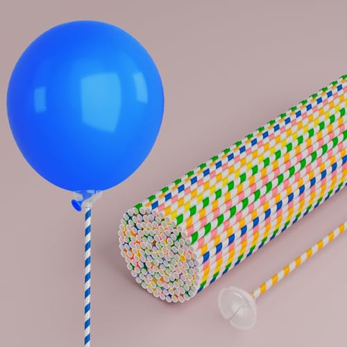 YALLOVE Papierballonstäbe, gestreift, Ballonhalter und Becher für Geburtstag, Babyparty, Dekoration, 100 Stück von YALLOVE
