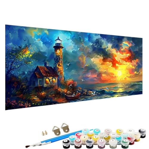 Malen Nach Zahlen Erwachsene, Leuchtturm DIY Handgemalt öLgemäLde Kit für AnfäNger und Erwachsene mit 3-Pinseln und Acrylfarbe, Ohne Rahmen 100x200cm Malen Nach Zahlen Leinwand Sonnenuntergang E-70 von YALNSENN