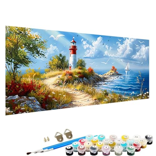 Malen Nach Zahlen Erwachsene, Leuchtturm Paint by Numbers Adult, DIY Handgemalt öLgemäLde mit 3 - Pinseln und Acrylfarbe Knitterfreie Leinwand Kit - 30x60cm Malen Nach Zahlen Erwachsene Meer I-04 von YALNSENN