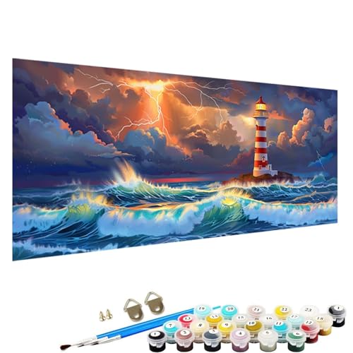 Malen Nach Zahlen Erwachsene, Meer DIY Handgemalt öLgemäLde Kit - 90x40cm, Malen Nach Zahlen Schipper mit 3 - Pinseln und Acrylfarbe Knitterfreie Leinwand Kit Leuchtturm 9-92 von YALNSENN