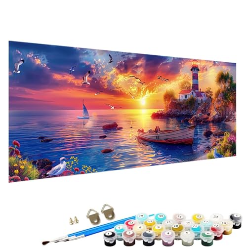 Malen Nach Zahlen Erwachsene, Sonnenuntergang DIY Handgemalt öLgemäLde Kit - 90x40cm, Malen Nach Zahlen Schipper mit 3 - Pinseln und Acrylfarbe Knitterfreie Leinwand Kit Boot 7-2r von YALNSENN