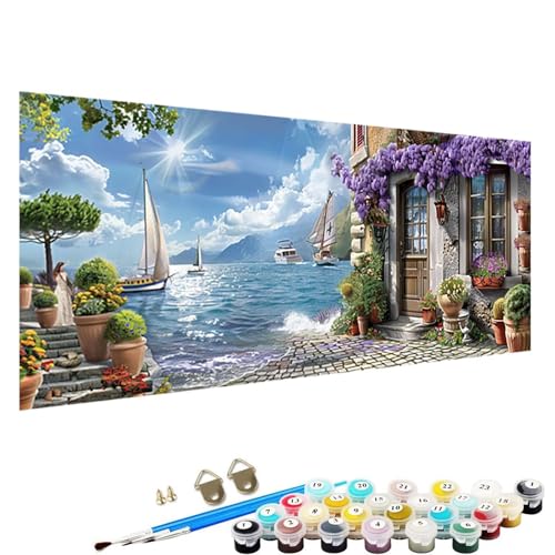 YALNSENN Malen Nach Zahlen Erwachsene Kinder Kleine Stadt - Paint by Numbers Basteln Leinwand DIY Bastelset Erwachsene Frauen 90x40cm Ohne Holzrahmen Malen Nach Zahlen Erwachsene Blume 2-R8 von YALNSENN