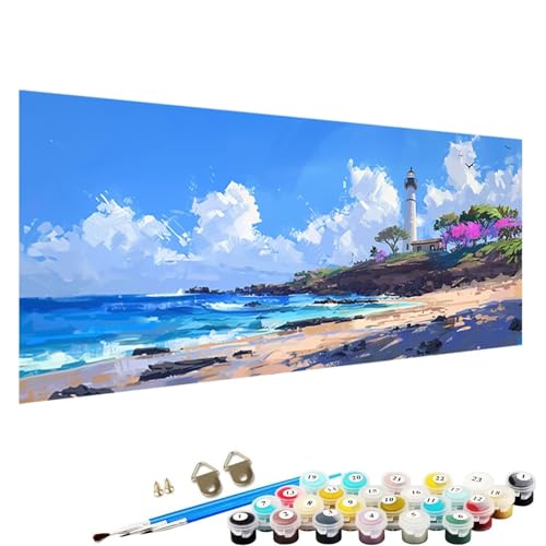 YALNSENN Malen Nach Zahlen ab 5 6 7 8 9 Jahre MäDchen und Jungen - DIY Strand Malen Nach Zahlen Malen Nach Zahlen Erwachsene Leuchtturm für Kinder und AnfäNger mit Pinsel und Acrylfarben 30x60cm Z-0m von YALNSENN