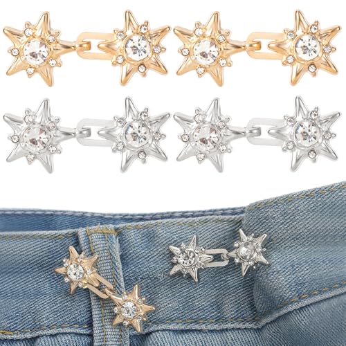 YALOJE 4 Sets Jeans-Taillenstraffer, verstellbare Strass-Stern-Hosen-Taillenstraffer, kein Nähen, abnehmbare Sternknopfnadel-Clips für Damen, Rock, Jeans, lockere Taille, Gold, Silber YALOJE 4 Sets Jeans-Taillenstraffer, verstellbare Strass-Stern-Hosen-Taillenstraffer, kein Nähen, abnehmbare Sternknopfnadel-Clips für Damen, Rock, Jeans, lockere Taille, Gold, Silber von YALOJE