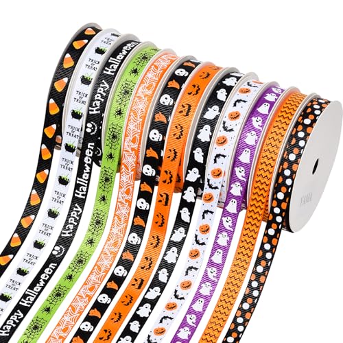 YAMA Halloween-Band, dünnes Ripsband, 0,9 cm, Set für Bastelarbeiten, Geschenkverpackungen, Heimdekoration, 12 Rollen, 60 Meter von YAMA