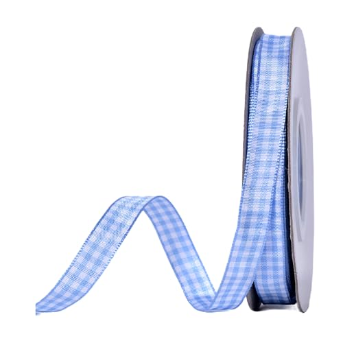 YAMA Hellblaues und weißes Gingham-Band, 0,95 cm, gewebter Rand, kariertes Band für Geschenkverpackungen, Babypartys, Basteln, 22,7 m von YAMA