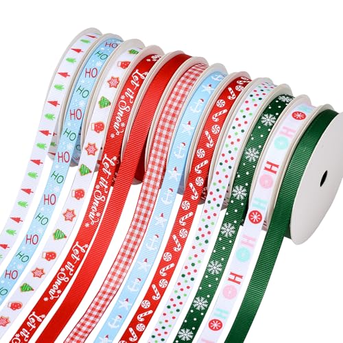 YAMA Weihnachtsbänder, 12 Rollen x 4,5 m, 0,95 cm Ripsband, bedrucktes Band für Bastelarbeiten, Geschenkverpackungen, Urlaubsdekoration, Schleifen von YAMA