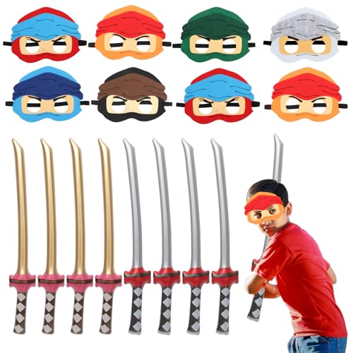 YANAYANA Ninjaoo Geburtstagsdeko, 16 Stück Ninja Party Mitgebsel Kindergeburtstag, 8 Ninja Masken und 8 Ninja Aufblasbares Schwert Zubehör Spielzeug für Jungen Ninja Halloween Weihnachten Themed Party von YANAYANA