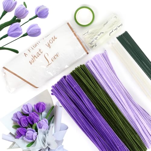 YANAYANA Tulpe Blumenstrauß Pfeifenreiniger Set,300 Stück Pfeifenreiniger zum Basteln Blumen Set mit 3 Farben Pfeifenputzer,Blumenstab,Geschenkpapier,Geschenkband,Klebeband（Hellviolett,Violett,Grün) von YANAYANA