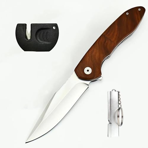 YANC Klappmesser mit Clip Holzgriff, Einhandmesser 5cr15MOV Taschenmesser EDC Messer Jagdmesser Faltmesser mit Kugellager Messerschärfer Sportpfeife für Camping Notfall Wandern Angeln DIY Zuhause von YANC