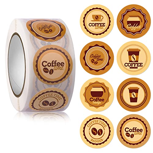 YANGLY 500 Stück Kaffee-Themen-Etikettenaufkleber, 2,5 cm, runde Siegelaufkleber für Café-Bar, Getränke, Wasserflaschen, Partygeschenke, Geschenkpapier von YANGLY