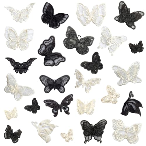 22 Stück beige schwarze Spitze Schmetterling Applikation Stickerei Schmetterling Aufnäher Organza Schmetterling Patches Applikation für Hochzeit Brautkleid Nähen Handwerk DIY Kleidung Haarschmuck von YANGSHINE