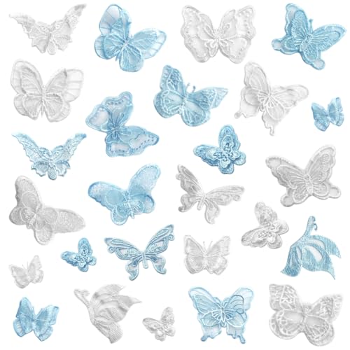 22 Stück blau-weiße Spitze Schmetterling Applikation Stickerei Schmetterling Aufnäher Organza Schmetterling Patches Applikation für Hochzeit Brautkleid Nähen Handwerk DIY Kleidung Haarschmuck von YANGSHINE