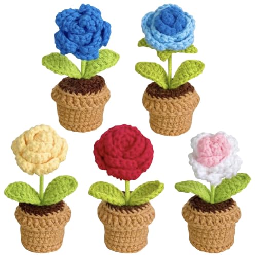 YANGSHINE 5 Stück fertige Häkelblumen, handgefertigt, Wollgarn, künstliche Blumen, gestrickte Häkelrosen, Blumen für Büro, Auto, Armaturenbrett, Dekoration, Rose von YANGSHINE